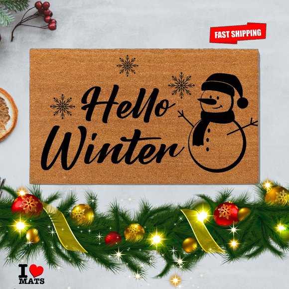 Hello Winter, Christmas doormat with fast shipping, funny Entry Doormats Chris… - Picture 1 of 5